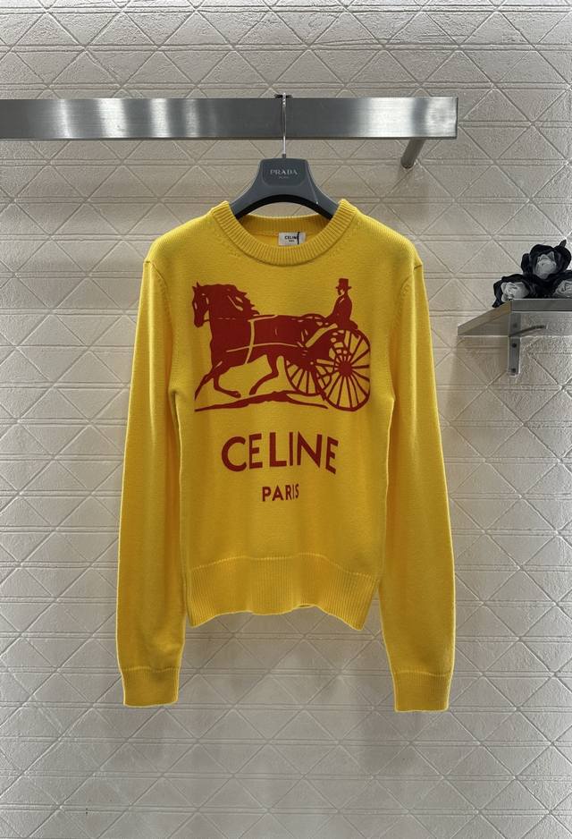 Celin*2026新品上架 印花凯旋门针织毛衣 定制Yb羊绒纱线织造，穿搭舒适，质感十足，圆领针织套头毛衣裁剪，明黄底色撞上Celin*经典马车图腾，把法式复