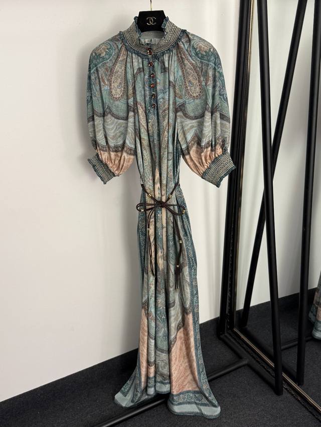 款号20259252 Zimmermann*新款 欧美复古印花系绳收腰立领泡泡短袖连衣裙，配吊带里衬，绿色，S-Xl， L码：胸围94，长107；胸围126，袖