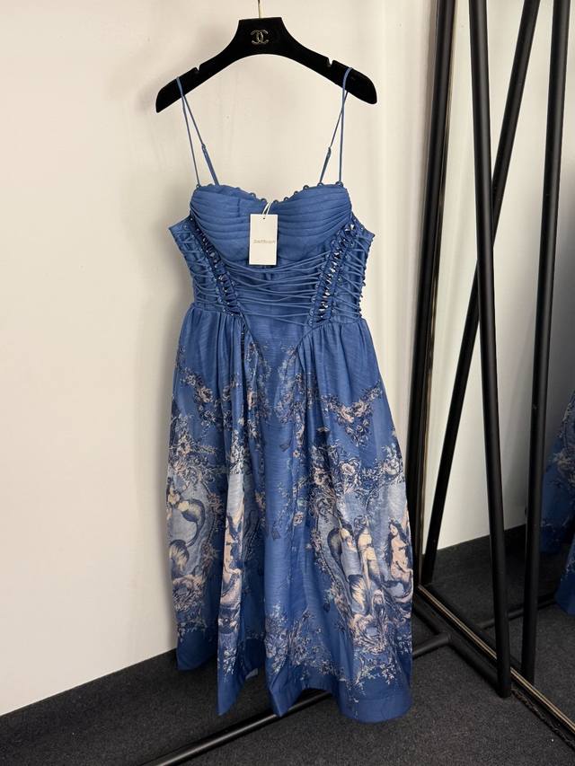 款号20259250 Zimmermann*新款 美人鱼印花抹胸收腰吊带连衣裙，蓝色，S-Xl， M码：胸围86弹力，腰围74弹力，长115；重量：0.420K
