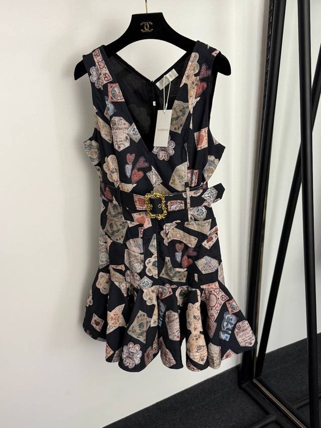 款号20259249 Zimmermann*新款 爱心复古拼色印花荷叶边V领收腰背心连衣裙，黑色，S-Xl, M码：胸围90，腰围78，长87；重量：0.670
