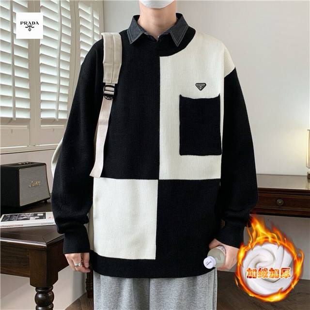 Prada普拉达海外版26Ss新款三色爆款假两件拼色宽松版情侣款加绒加厚翻领毛衣 DDD 采用针织加绒加厚面料 舒适透气 有质感 做工精细 走线规则 落肩袖宽松