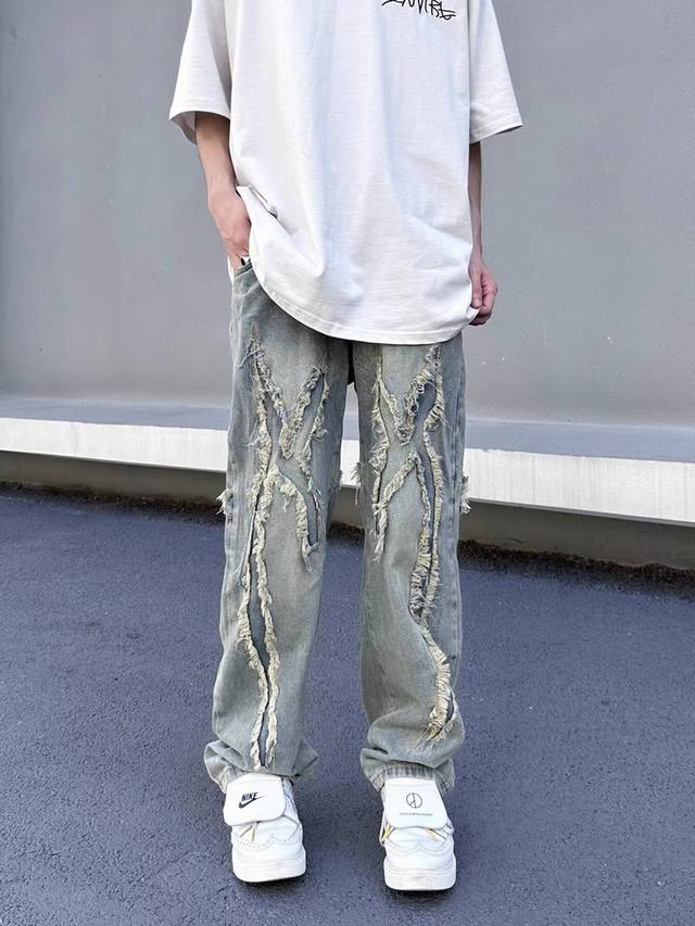 特价 剩余L DDD 款号Xk2298 DDD 美式设计感磨毛水洗做旧牛仔裤街头宽松直筒阔腿休闲长裤子！ 街头潮流复古风十足，含棉量极高的牛仔布、经过多层次水洗