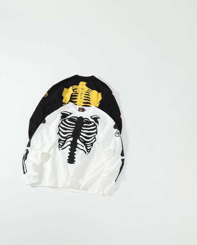 Vanson骨头华夫格长袖 DDD 定织360G重磅华夫格面料 高密丝网印花 辅料细节开模定做 加密加厚螺纹 细节完美 DDD 黑色 白色 S-L 宽松版型 D