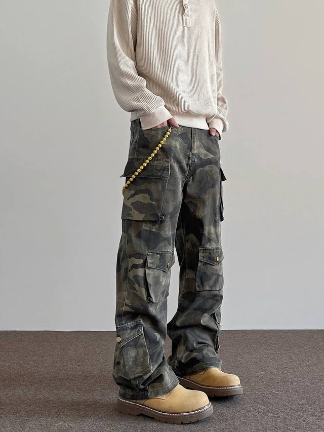 特价 剩余S DDD 款号Xk3056 DDD 美式复古做旧Vintage多口袋工装迷彩裤男潮宽松直筒休闲裤，面料定制经过一流的高工艺水洗 ，质地紧密 色泽均匀