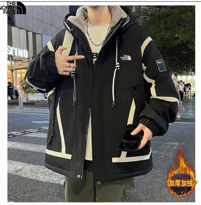 北面The North Face冬季新款，男女同款连帽宽松撞色加绒加厚百搭户外工装棉服，男士工装加厚外套上衣！冲锋衣！ DDD 颜色:黑色，米白色 DDD 尺码