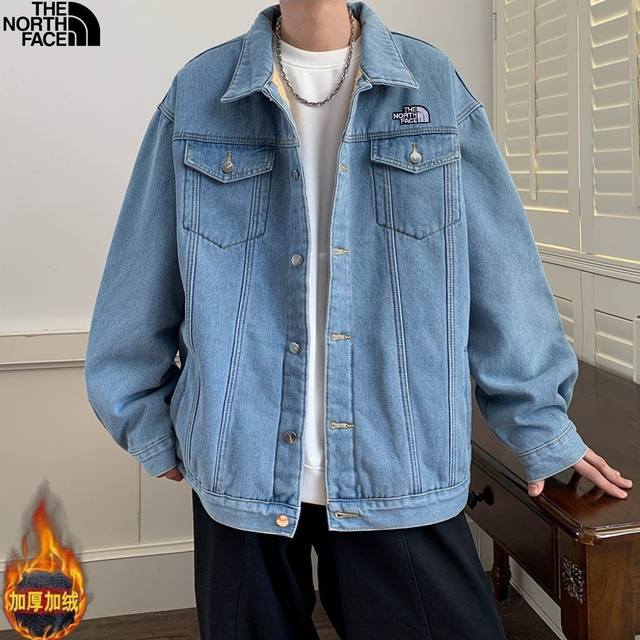 北面The North Facr冬季新款，男女同款百搭休闲加绒加厚羊羔毛翻领牛仔外套，男士牛仔夹克衫棉衣上衣！ DDD 颜色:深蓝色，浅蓝色，黑色，灰色 DDD
