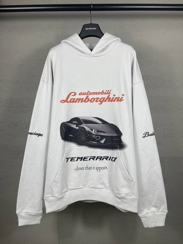 实拍图 顶级版本.官网品质 Balenci*Ga 巴黎联名兰博基尼Lamborghini前后面 左右袖直喷印花连帽卫衣 DDD Ss25最新款。第一时间研发，巨