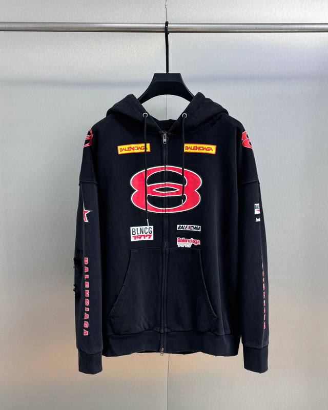顶级版本.官网品质 DDD Balenciaga巴黎世家 巴黎双环Logo组合赛车服洗水做旧拉链开衫连帽卫衣外套 DDD 定制480克纯棉面料质感非常舒服保暖性