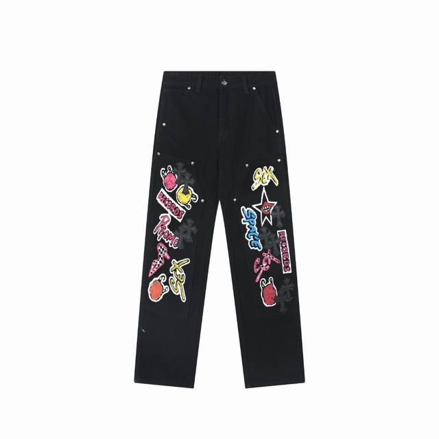 高版本Chrome Hearts 克罗心 Sexrecords系列涂鸦伐木裤牛仔裤，男女同款。真实还原Vintage极致质感 意产特种牛皮印花再切割 订制羊皮三