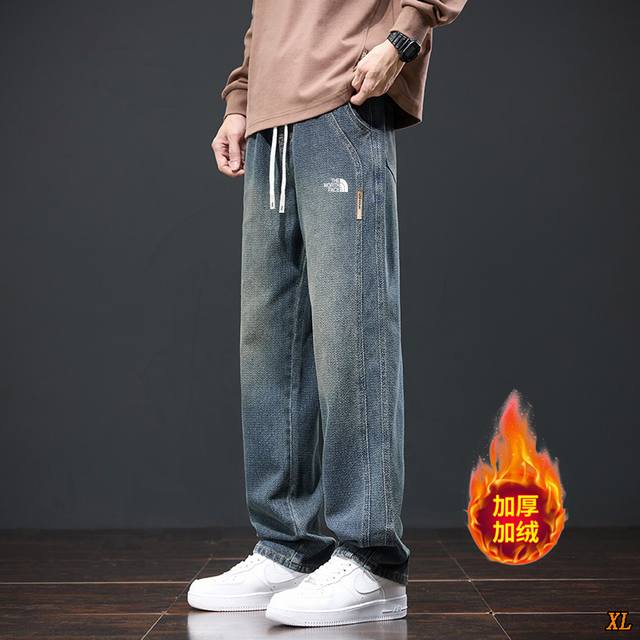 加绒 常规 北面The North Face 独家实拍上新秋冬季爆款潮流加绒保暖直筒牛仔裤显高显瘦宽松休闲裤加绒加厚舒适百搭牛仔长裤，本季主打，货源充足，放心主