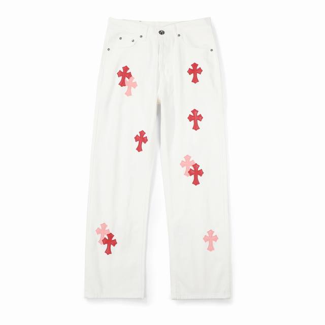 高版本Chrome Hearts克罗心 迈阿密限定粉皮标十字牛仔裤，男女同款。Ch牛仔裤均需要成品水洗后再拆开手工订绵羊皮十字皮再拼接完成，整件工艺多到说不清。