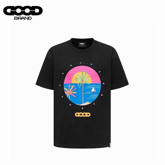DDD Goodbrand 椰树烫钻花体标语印花圆领套头短袖 DDD 采用订色订染毛圈纯棉衣面，250G双股双纱，手感舒适 进口针织针梳棉进行制作，搭配320G