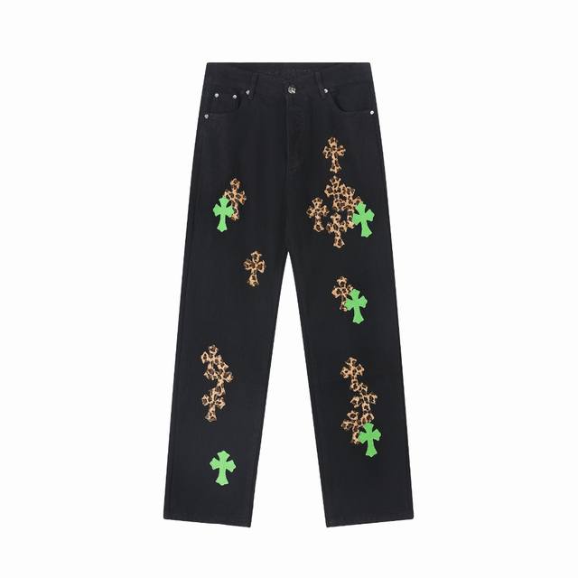 高版本Chrome Hearts克罗心 Sex Records系列 拼皮豹纹十字牛仔裤，男女同款。Ch牛仔裤均需要成品水洗后再拆开手工订绵羊皮十字皮再拼接完成，