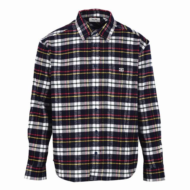 Celine赛琳Ce 凯旋门格子长袖衬衫 DDD 定制彩格绒棉呢，采用进口机刺绣工艺，精度高，线条流畅而细腻，红外线定位裁床，通过红外发射器和红外接收器来实现对