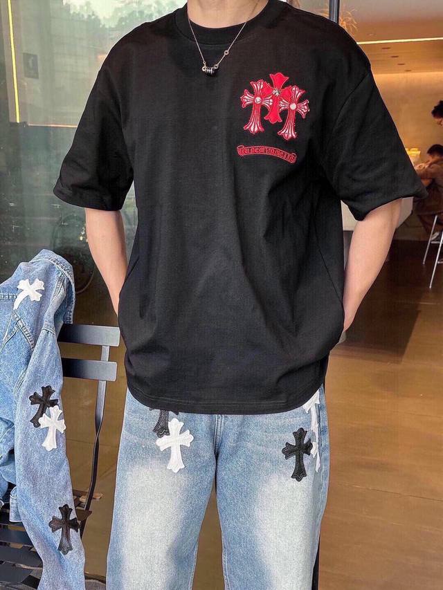 Chrome Hearte 克罗心 Ch 25Ss早春新款 十字架马蹄克罗心梵文 立体贴布秀工艺拼皮工艺，纯棉双纱汗布面料，同缸定染特种加粗32支双股1X1螺纹