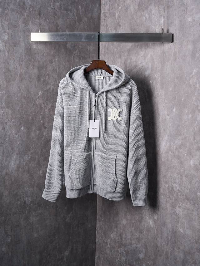 实物挂拍 Celine 赛琳 凯旋门毛织拉链连帽外套 DDD 颜色 黑色 灰色 DDD 现货 S M L Xl DDD 1. 主体针织面料 DDD 材质：100