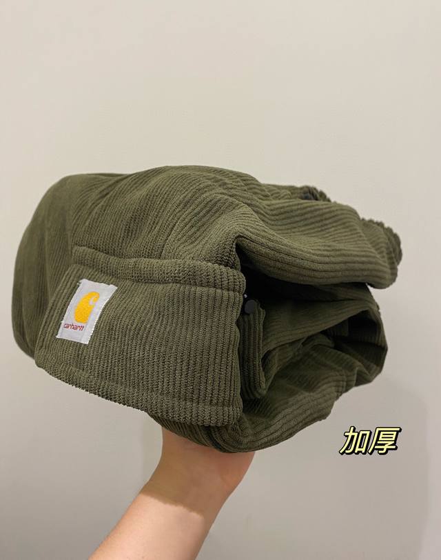 Carhart卡哈特 特厚绣标灯芯绒 夯货 重磅大口袋裤脚抽绳内里加绒工装廓形宽松长裤情侣款 DDD Color: 军绿色 Size: M-Xl DDD M 腰