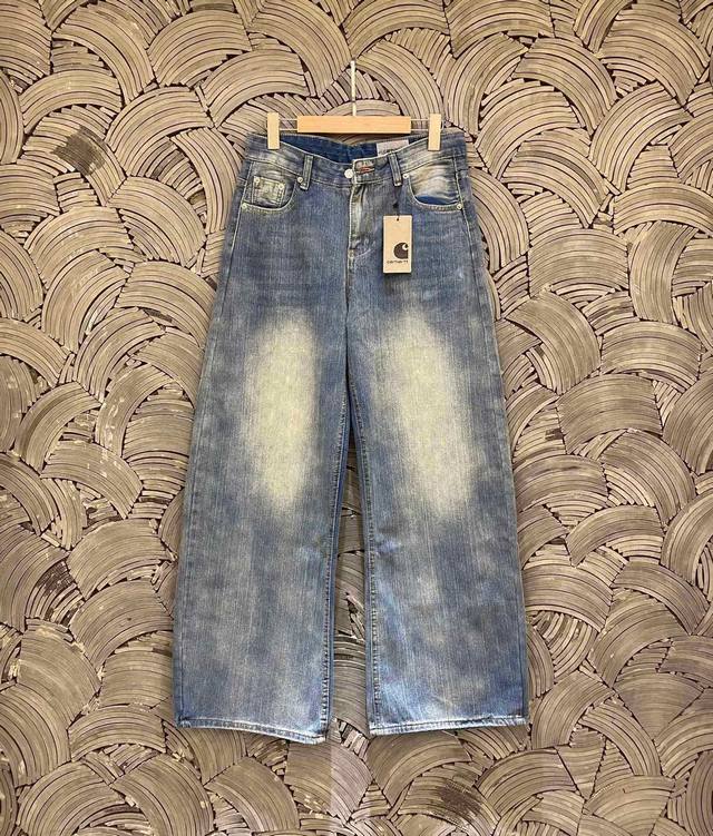 Carhartt卡哈特 重磅高端绣标竹节晕染水洗做旧复古高街直筒微喇垂感牛仔长裤情侣款 DDD Color: 蓝色 Size: M-Xl DDD M 腰围80