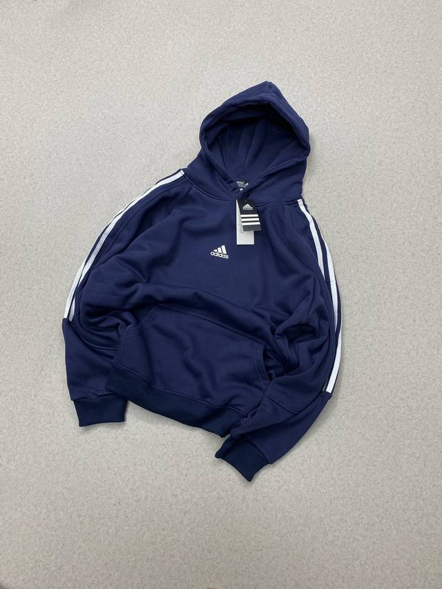 Adidas阿迪达斯 加厚牛奶绒高品质加绒纯棉复古三条杠落肩连帽卫衣外套情侣款 DDD Color: 藏青色 Size: M-Xl DDD M 胸围 衣长70