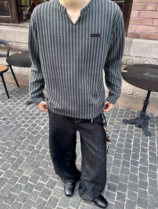 Patagonia巴塔哥尼亚 鱼骨纹小V领拼色条纹打底衫松弛感针织绒衫上衣情侣款 DDD Color: 灰色 Size: M-Xl DDD M 肩宽52 胸围