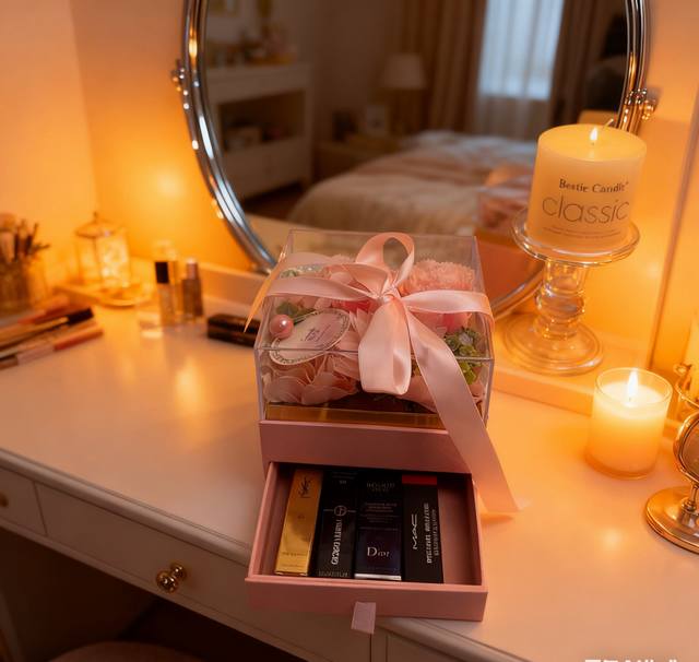 精选双层亚克力花礼盒奢选口红正装四件套 DDD 把浪漫与精致揉进礼盒里，这款双层亚克力花礼盒直接拉满仪式感！上层是粉调永生花簇，亚克力透明盒身衬得花材愈发灵动，