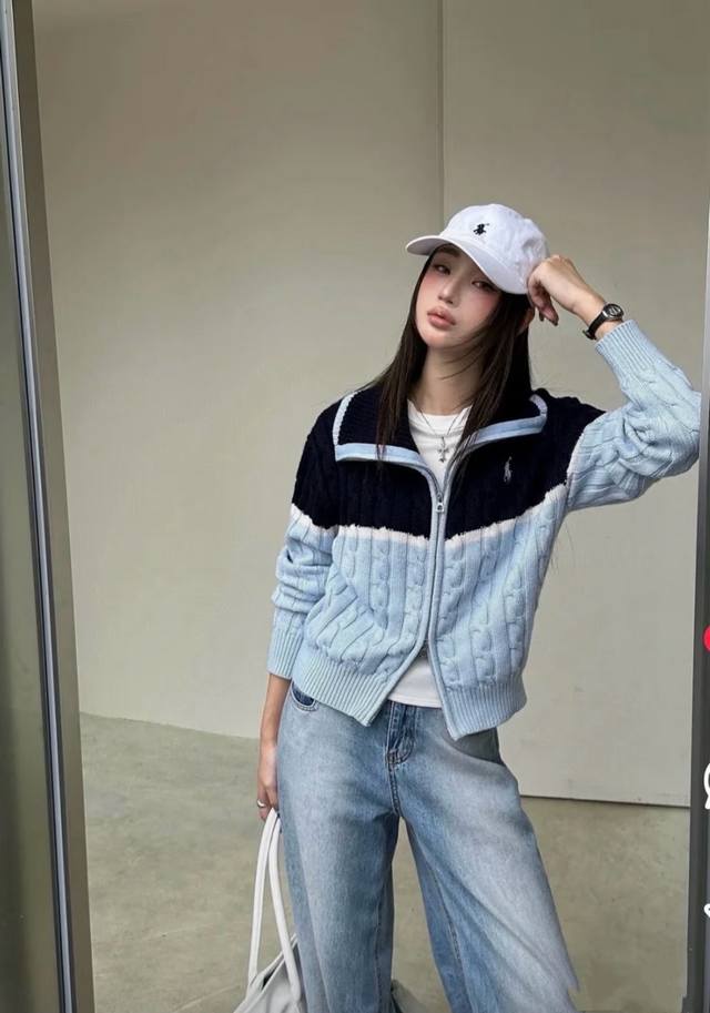 拉夫小马拼色麻花针织开衫，深蓝翻领+湖水蓝袖身，撞色设计超吸睛 DDD S衣长55胸围88肩宽40 DDD M衣长56胸围90肩宽41 DDD L衣长157胸围