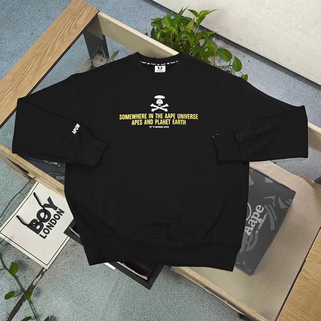 款号：A0301 高版本 DDD 2026新款Aape经典猿人拼接骨头图案Logo印花休闲情侣圆领毛圈卫衣，经典款秋冬猿人，经典永远不会过时、人手必备款，秋冬推