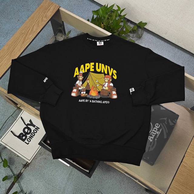 款号：A0485 高版本 DDD 2026新款Aape经典猿颜野味露营猿人图案Logo字母印花休闲情侣圆领毛圈卫衣，经典款秋冬猿人，经典永远不会过时、人手必备款