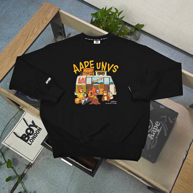 款号：A0489 高版本 DDD 2026新款Aape经典猿颜趣味卡通巴士猿人图案Logo字母印花休闲情侣圆领毛圈卫衣，经典款秋冬猿人，经典永远不会过时、人手必
