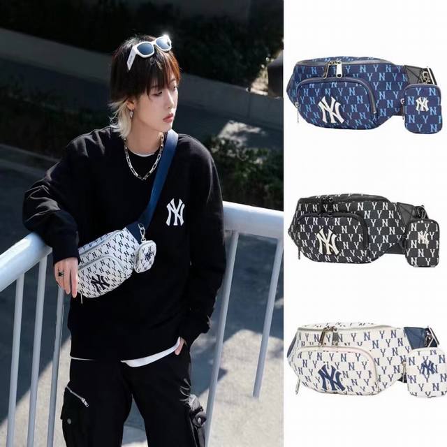 上新 原单品质高版本 DDD 韩国Mlb专柜新款Ny洋基队满版提花Logo老花系列二合一腰包胸包！！腰包，胸包的2合1。 DDD 男女同款！客供高端五金，光泽亮