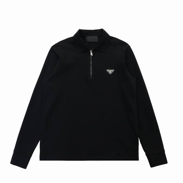 专柜1:1版本 ] DDD 品名: Prada普拉达 三角钢标半拉链翻领打底衫长袖 DDD 款号：040 DDD 尺码：M-Xxl DDD 颜色：黑色 DDD