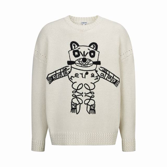 专柜1:1版本 DDD 品名: Loewe 罗意威卡通公仔刺绣针织圆领毛衣 DDD 尺码：S-Xl DDD 颜色：杏色 DDD 面料：采用38%羊毛，60%棉纱