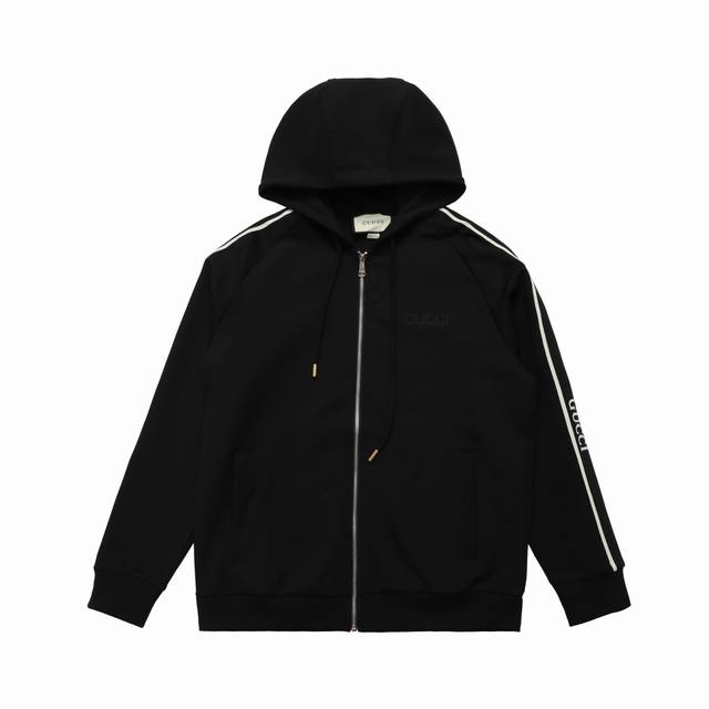顶级版本] DDD 品名: Gucci古驰.织带刺绣Logo标识拉链开衫休闲连帽卫衣套装外套 DDD 尺码：S-Xxl DDD 颜色：黑色 DDD 定制高克重5