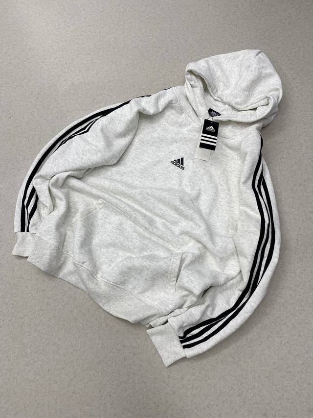 Adidas阿迪达斯 加厚牛奶绒高品质加绒纯棉复古三条杠落肩连帽卫衣外套情侣款 DDD Color: 灰白色 Size: M-Xl DDD M 胸围116 衣长