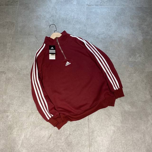 Adidas阿迪达斯 加厚高品质纯棉复古半拉链三条杠落肩卫衣外套情侣款 DDD Color: 酒红色 Size: M-Xl DDD M 胸围114 衣长67 C