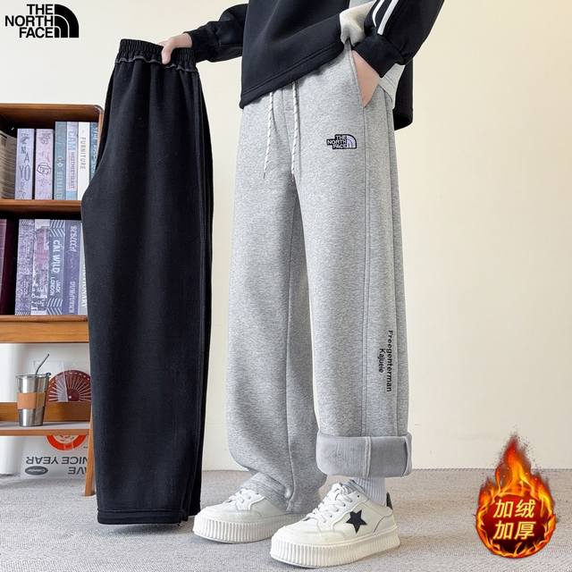 北面The North Face冬季新款，男女同款松紧腰加绒加厚侧边字母刺绣百搭奥粒绒休闲裤卫裤，男士直筒裤！加绒裤！ DDD 颜色:黑色，灰色 DDD 尺码: