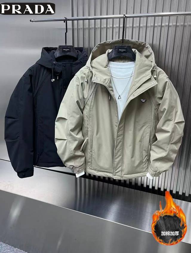 普拉达Prada 冬季新款，男女同款连帽加二棉百搭户外工装外套，男士工装棉衣，加厚外套！ DDD 颜色:黑色，卡其色 DDD 尺码:M-4Xl DDD